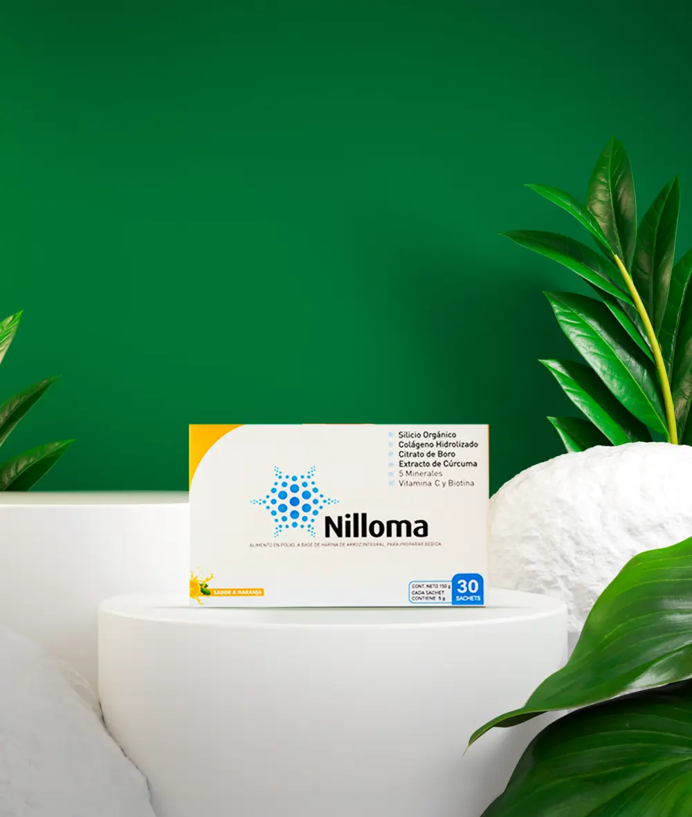 Caja de Nilloma rodeada de plantas sobre fondo verde