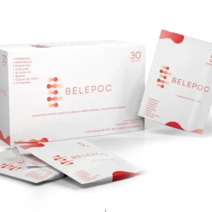 Caja y sobres de Belepoc de Molecular Farmacéutica con diseño rojo y blanco sobre fondo transparente.