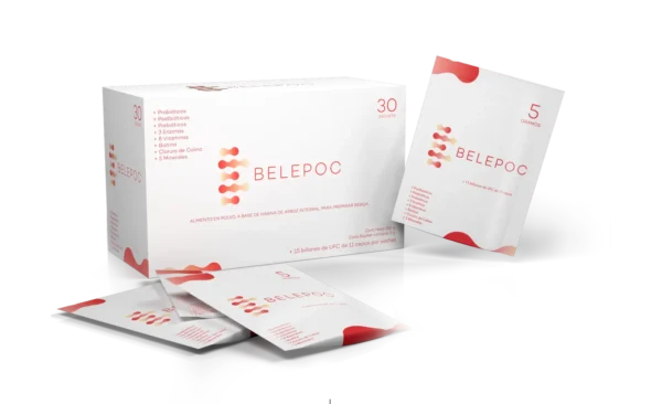 Caja y sobres de Belepoc de Molecular Farmacéutica con diseño rojo y blanco sobre fondo transparente.