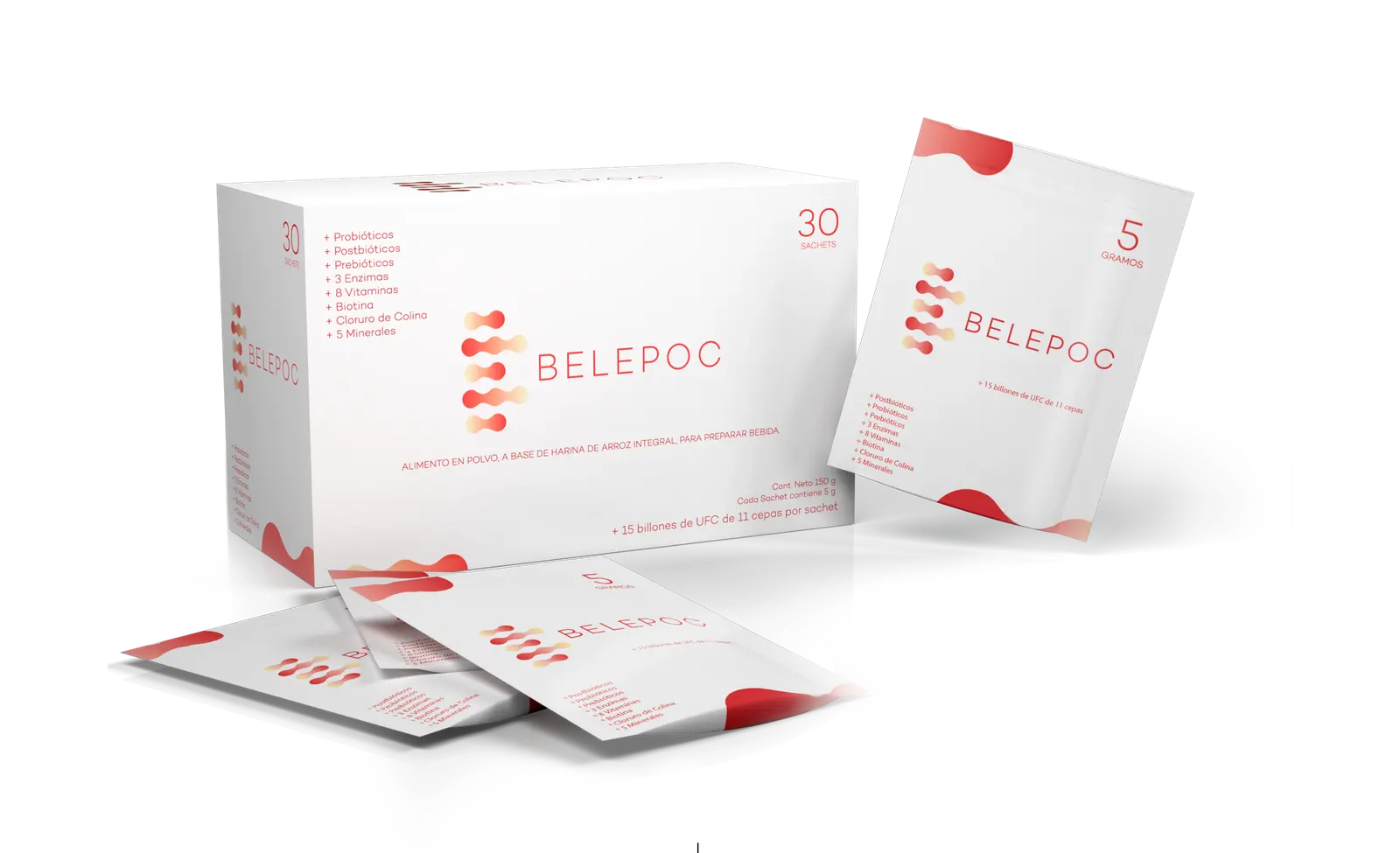 Caja y sobres de Belepoc de Molecular Farmacéutica con diseño rojo y blanco sobre fondo transparente.